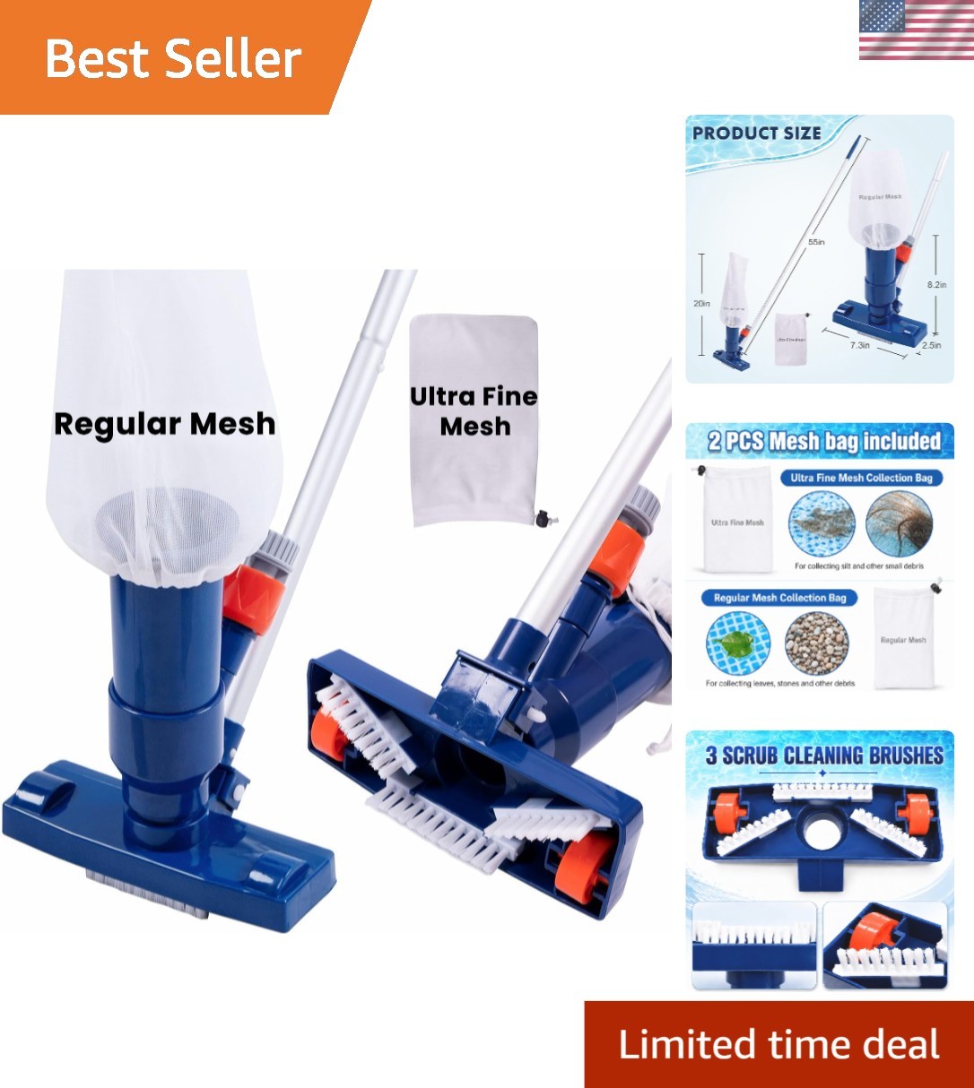 Effortless Pool & Spa Cleaning – Upgraded Vacuum with Fine Mesh Collection Bags