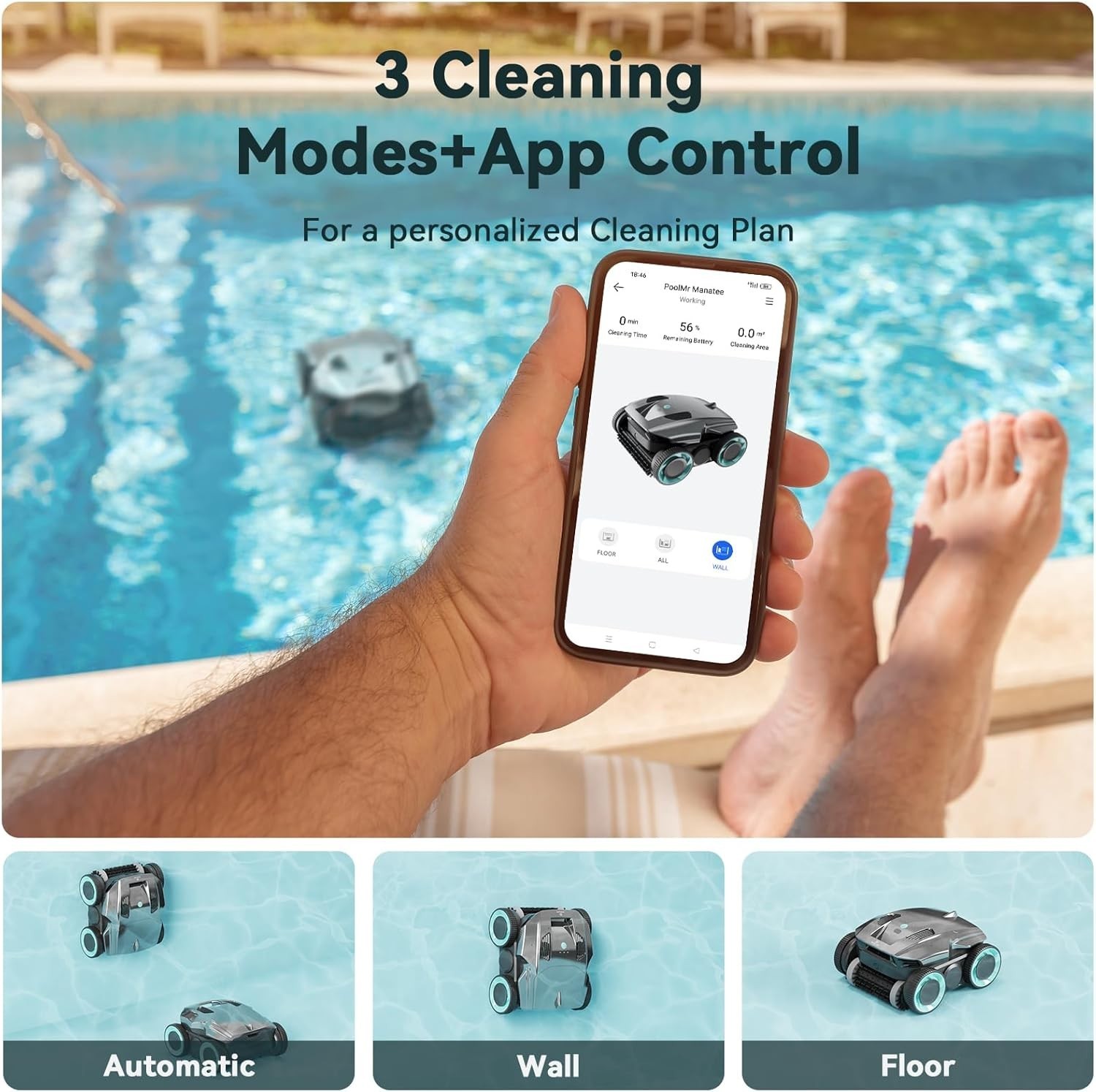 Cordless Robotic Pool Cleaner Wall Climbing 120 Mins Run Smart Navigation 1500ft