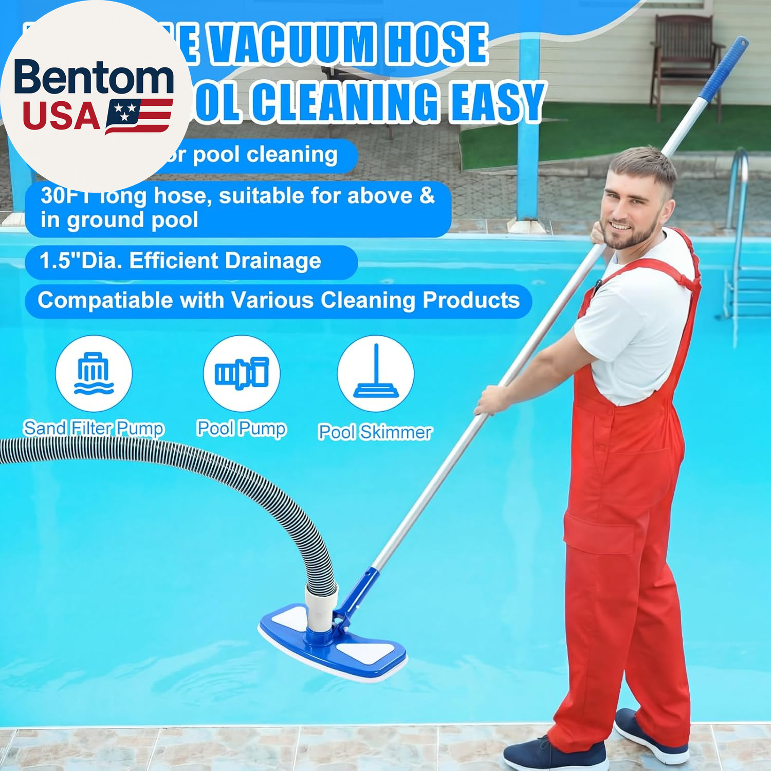 4 Pcs Swimming Pool Vacuum Kits 11.8&Prime; Vacuum Head with 1-1/2&Prime; X 29.5 Ft Hoses, 1