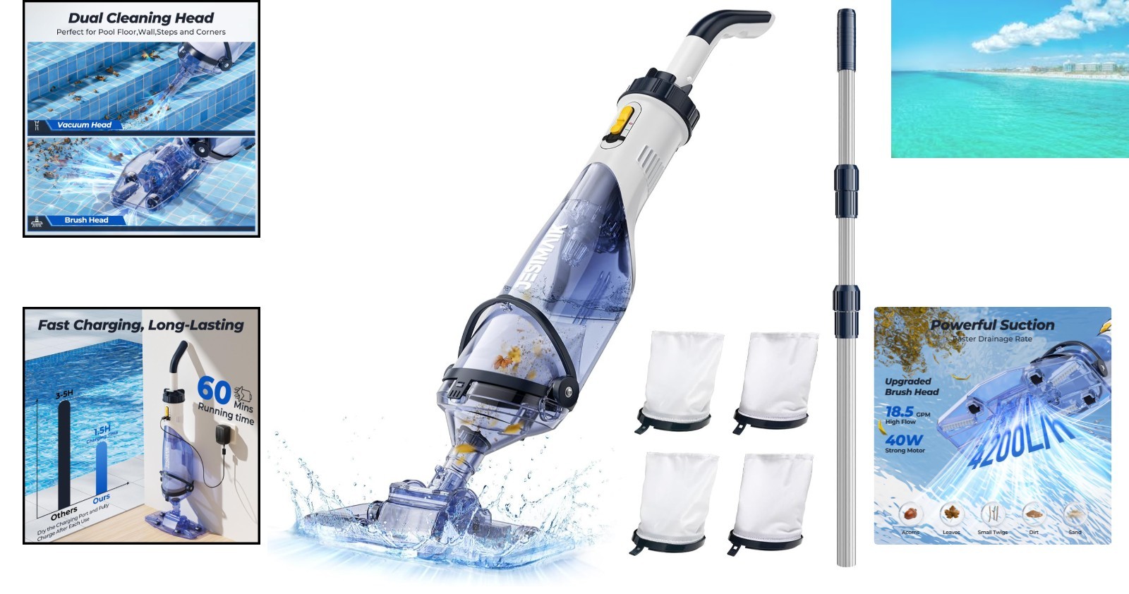 Cordless Pool Vacuum with 18.5 GPM Suction & 60 Min Runtime – Ideal for All P…