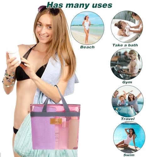 KALIONE Portable Gym Shower Bag, Mesh Shower Caddy Bag, Quick Dry Hanging Pink