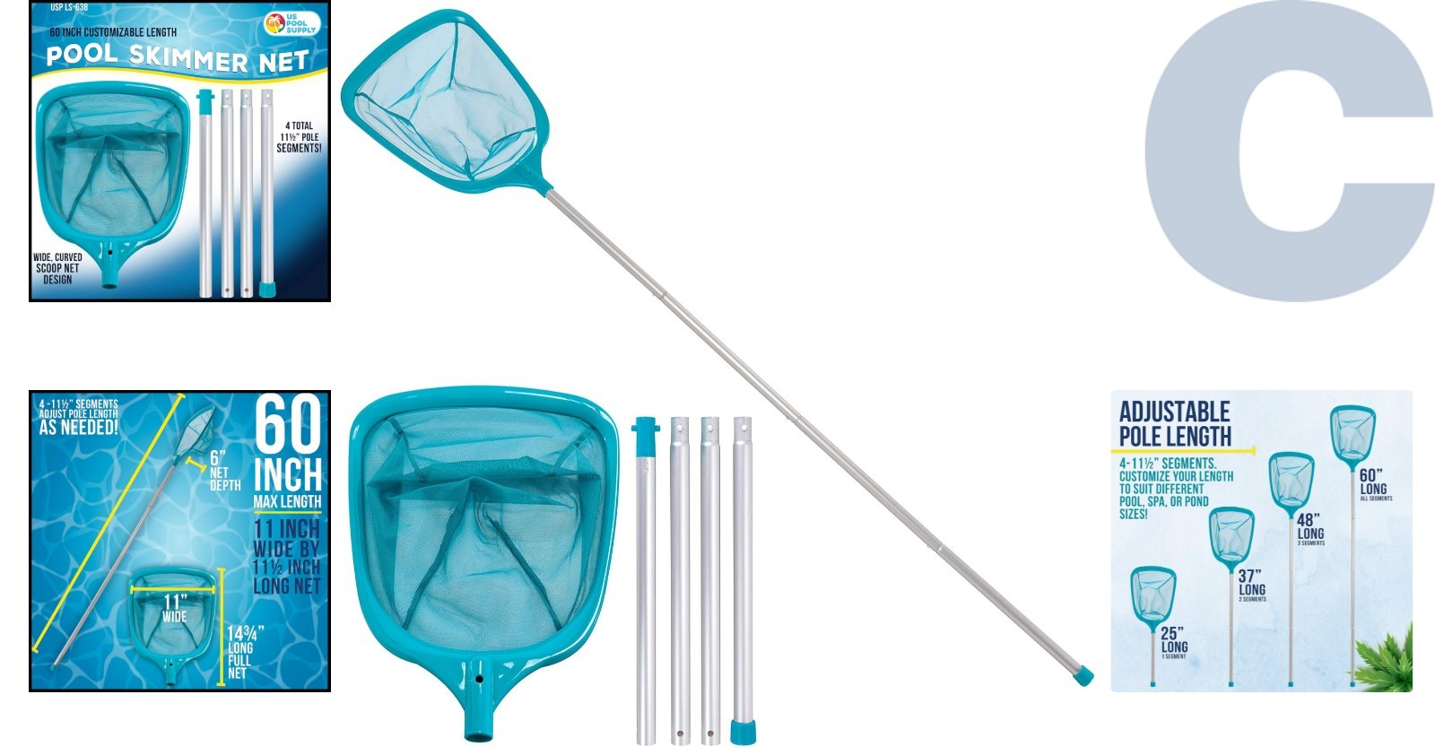 Classic 5&prime; Leaf Skimmer Net with 4 Aluminum Sections – Perfect for Ponds & Pools
