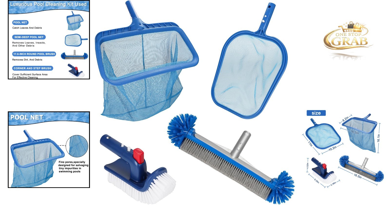 4-Piece Pool Cleaning Kit Heavy Duty Skimmer Net Brush Wall Scrubber Above Gr…