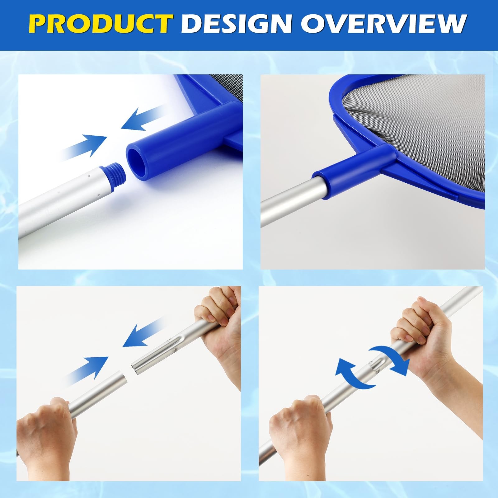 Adjustable Pool Skimmer Net with Telescopic Pole & Ultra Fine Mesh Rake
