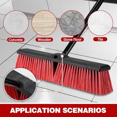 18 Inch Heavy Duty Push Broom Outdoor with 63&Prime; Long Handle Stiff Bristle Brush