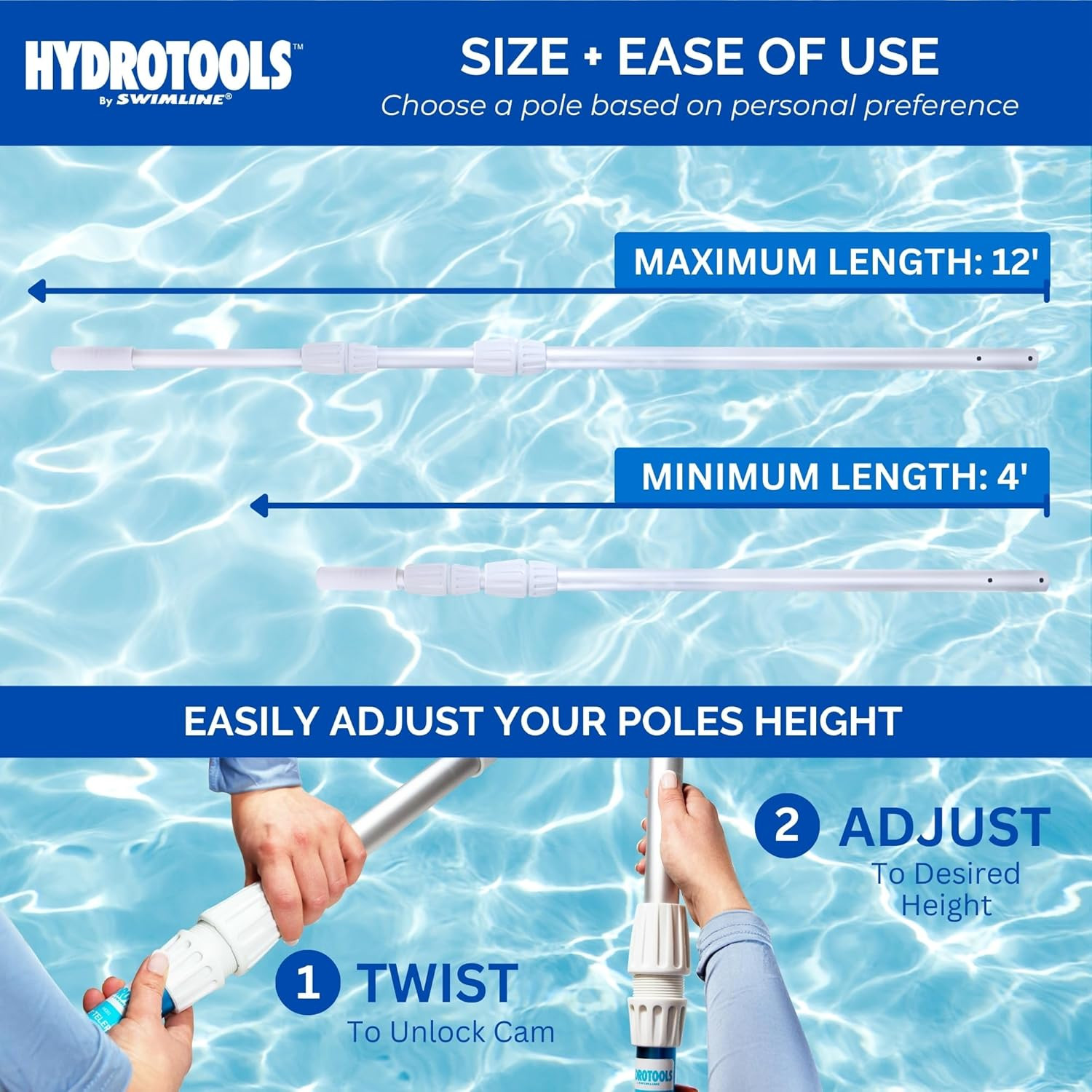 HYDROTOOLS 8350A 3-Piece Telescopic Pole 4 to 12 Feet Adjustable Telepole for Sw