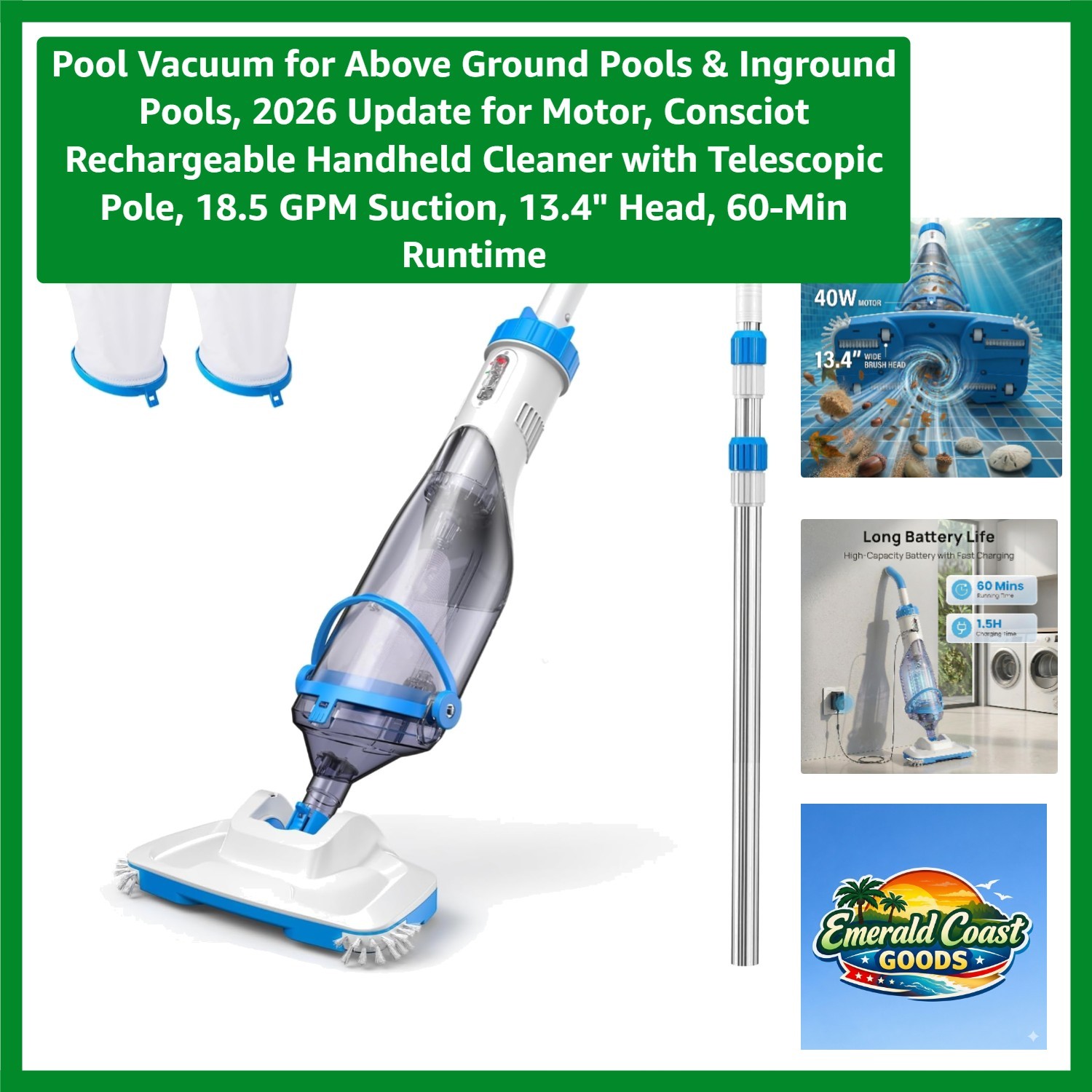 2026 Rechargeable Pool Vacuum with 18.5 GPM Suction – Effortless Cleaning