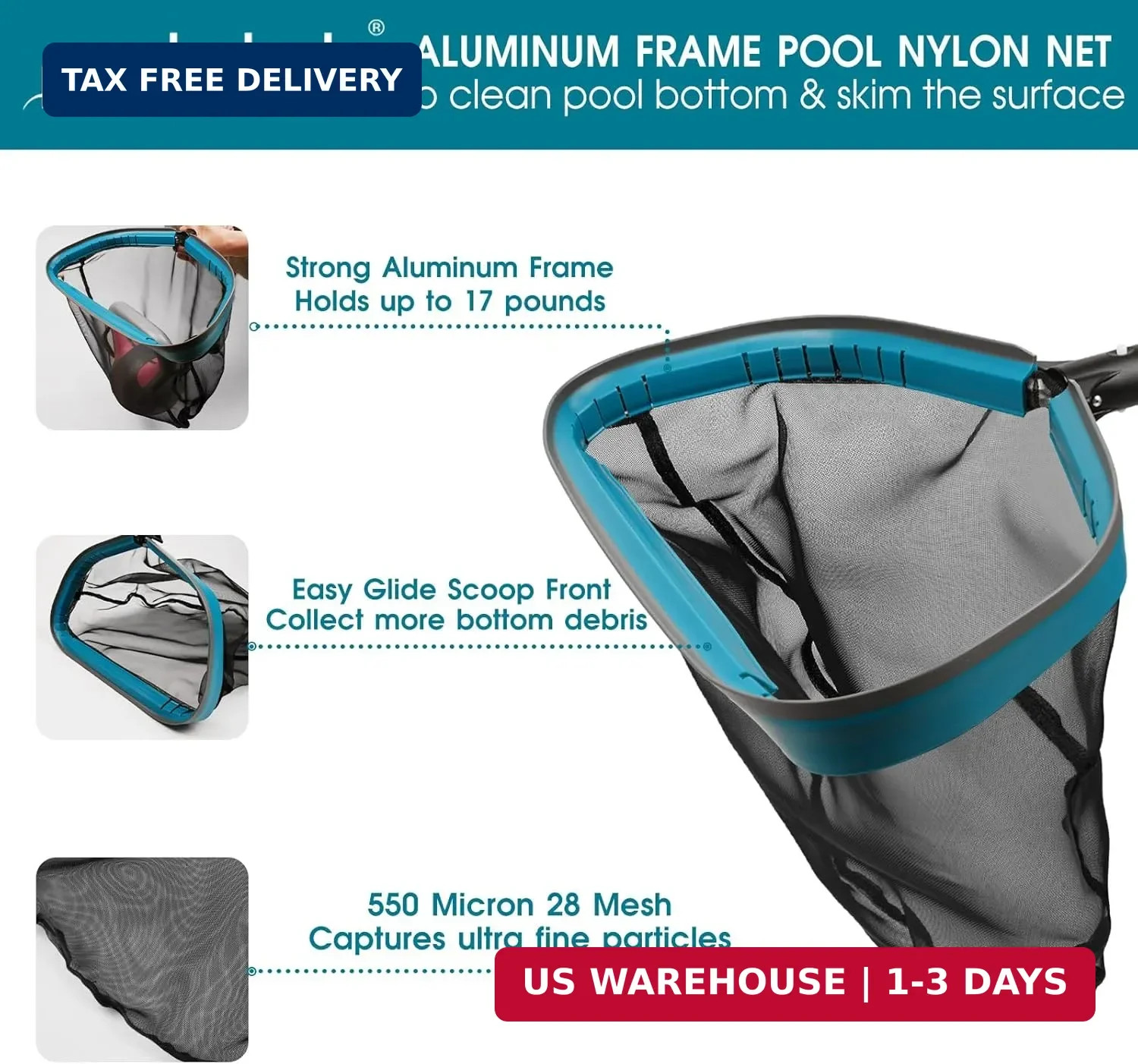 Swimming Pool Cleaning Kit – Aluminum Frame Skimmer Net with 10Ft Adjustable Pol