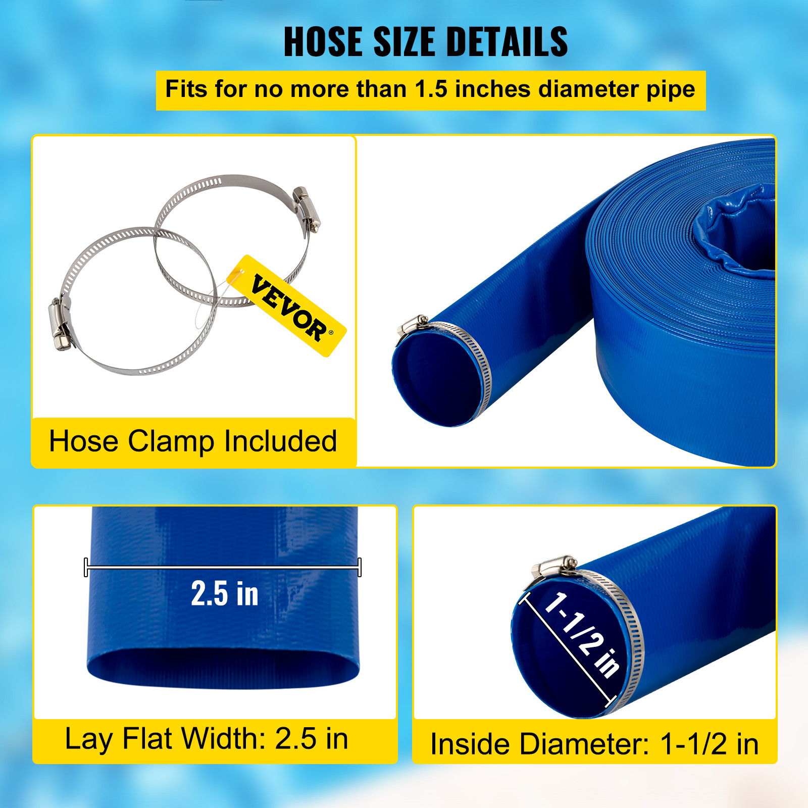 VEVOR Discharge Hose Lay Flat Hose 1-1/2&Prime; x 100&prime; PVC Backwash Drain Hose w/Clamp