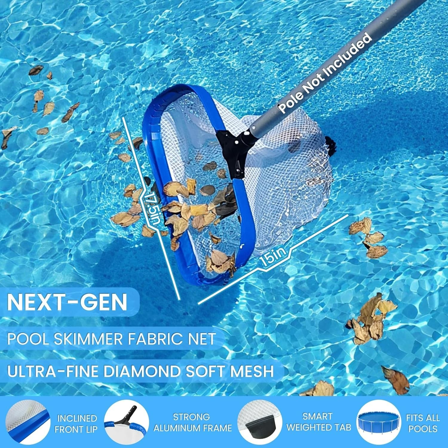Poolvio 17.5&Prime; Pool Net – Heavy Duty Leaf Net with Aluminum Frame with Diamond