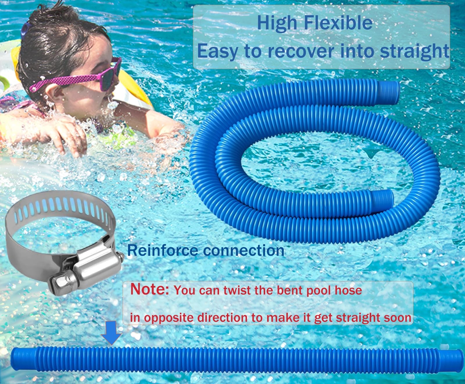 Hxxyilok Pool Hose Replacement, 1.25 x 59 inch, Blue, Durable PVC