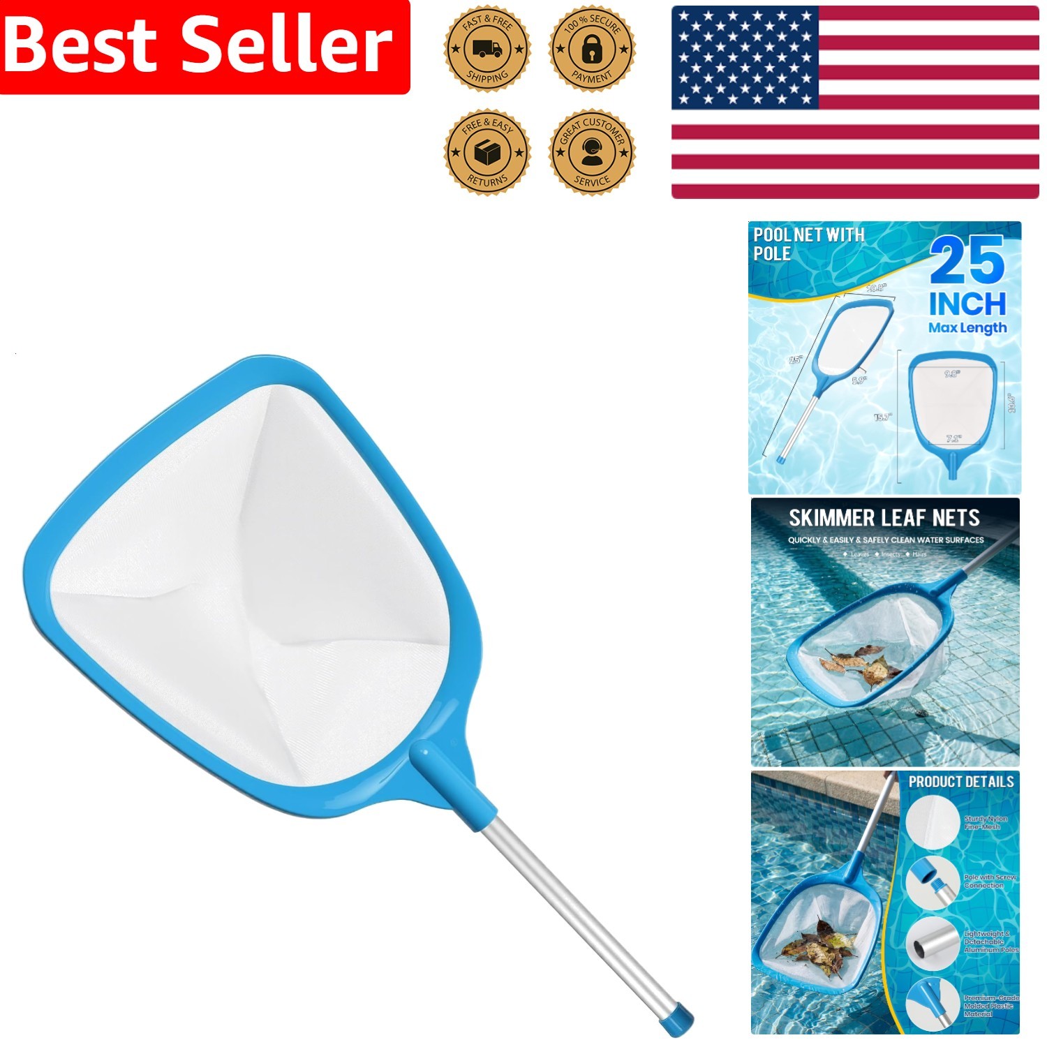 Pool Skimmer Net Fine Mesh Leaf Rake Cleaner with Pole for Pools