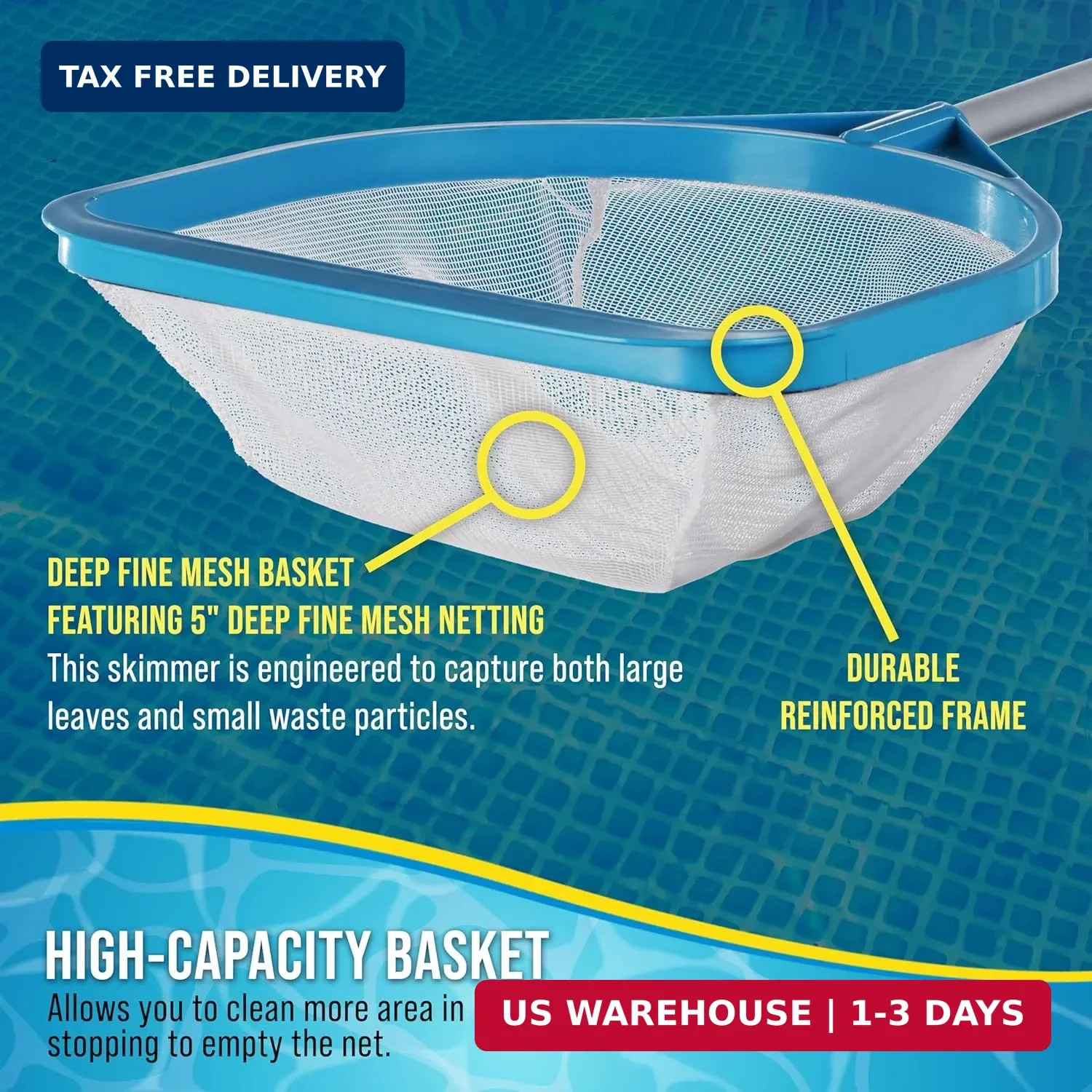 U.S. Pool Supply Pool and Spa Skimmer Net with Pole, 30&Prime; Long Handheld Fine Mesh