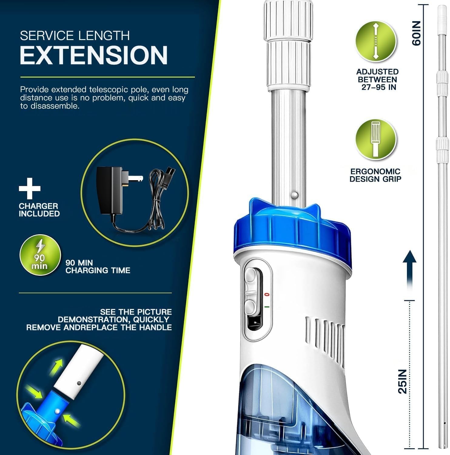 Lightweight Cordless Pool Vacuum with Telescopic Pole – Effortless Cleaning