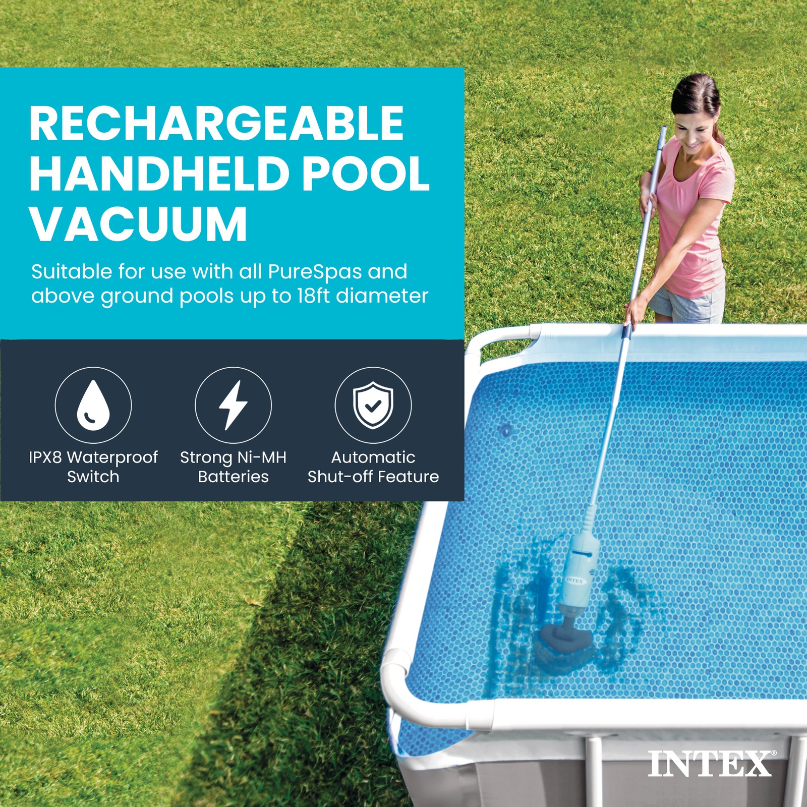 Intex Rechargeable Handheld Above Ground Pool Vacuum Cleaner with 2 Brush Heads