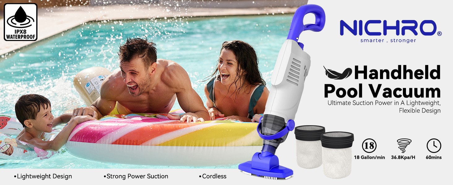 Nichro Cordless Pool Vacuum Cleaner, 60W Suction, Handheld with 63-Inch Pole, 18