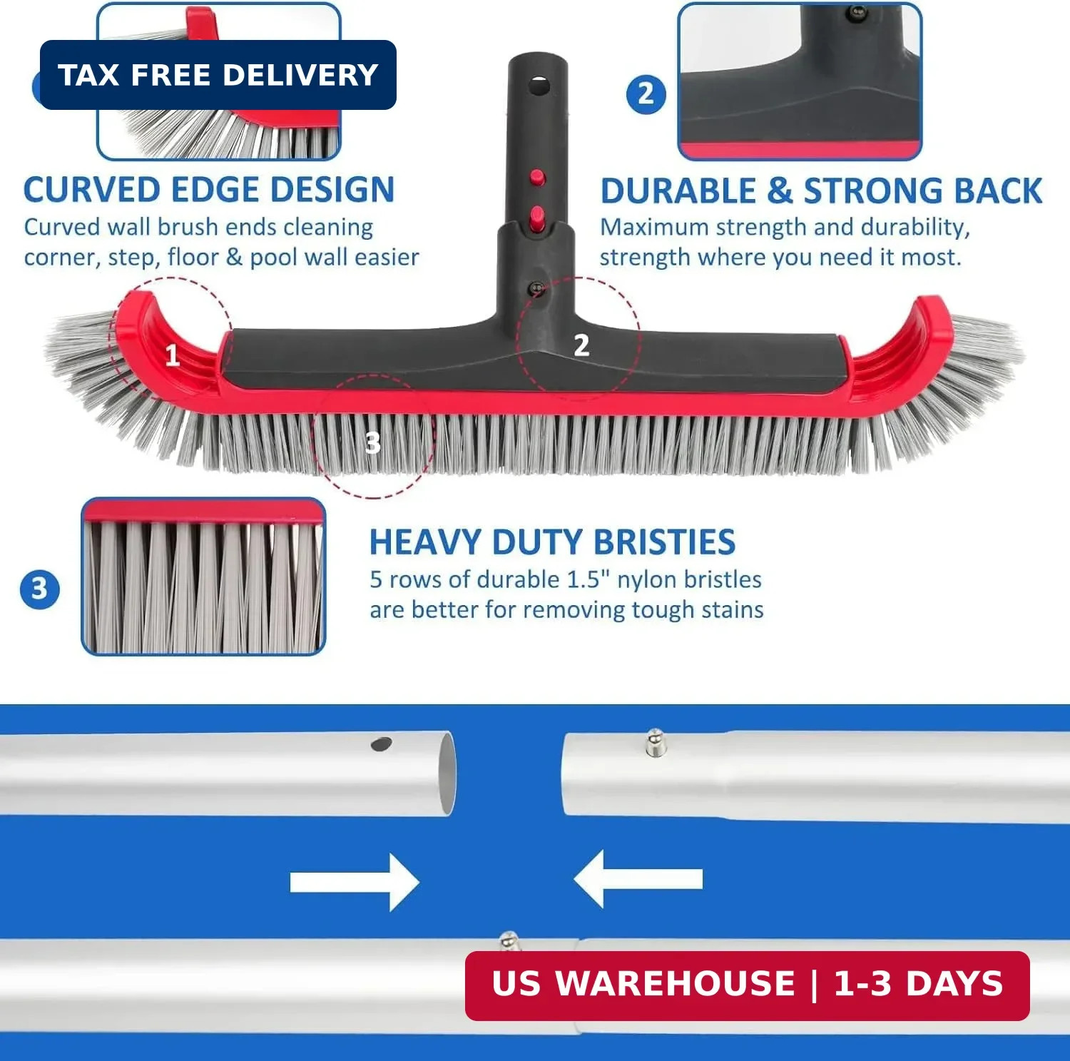 Swimming Pool Brush with Pole – 17.5&Prime; Wall Brush with 10FT Adjustable Aluminum P