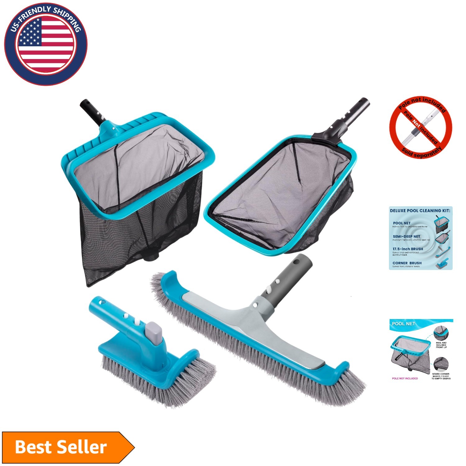 Complete Pool Cleaning Set: 4 Heavy-Duty Tools for Inground & Above-Ground Pools