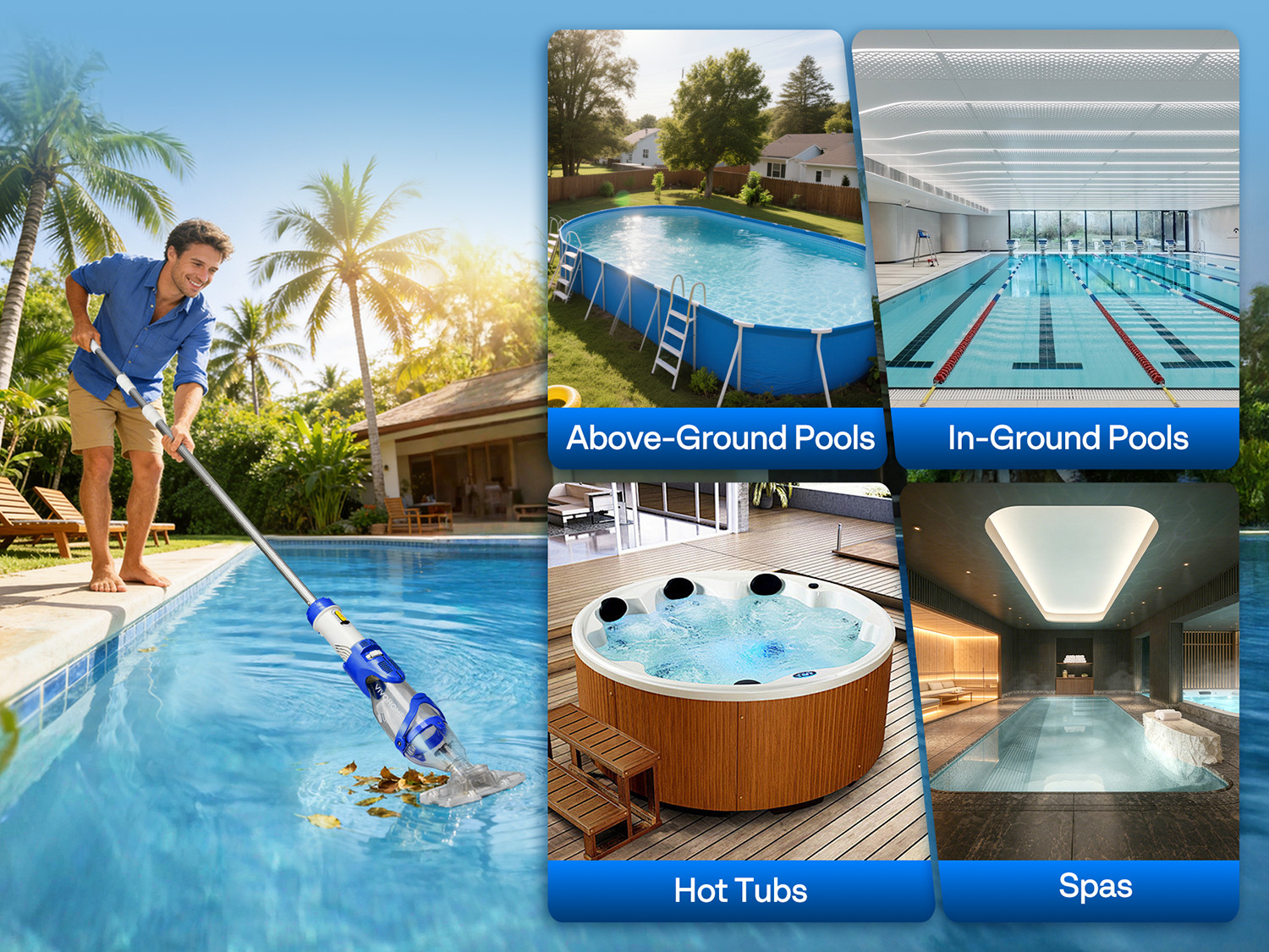 Cordless Pool Vacuum Cleaner 40W Quiet 19GPM 75min Battery 8.2FT Pole 2.6LFilter
