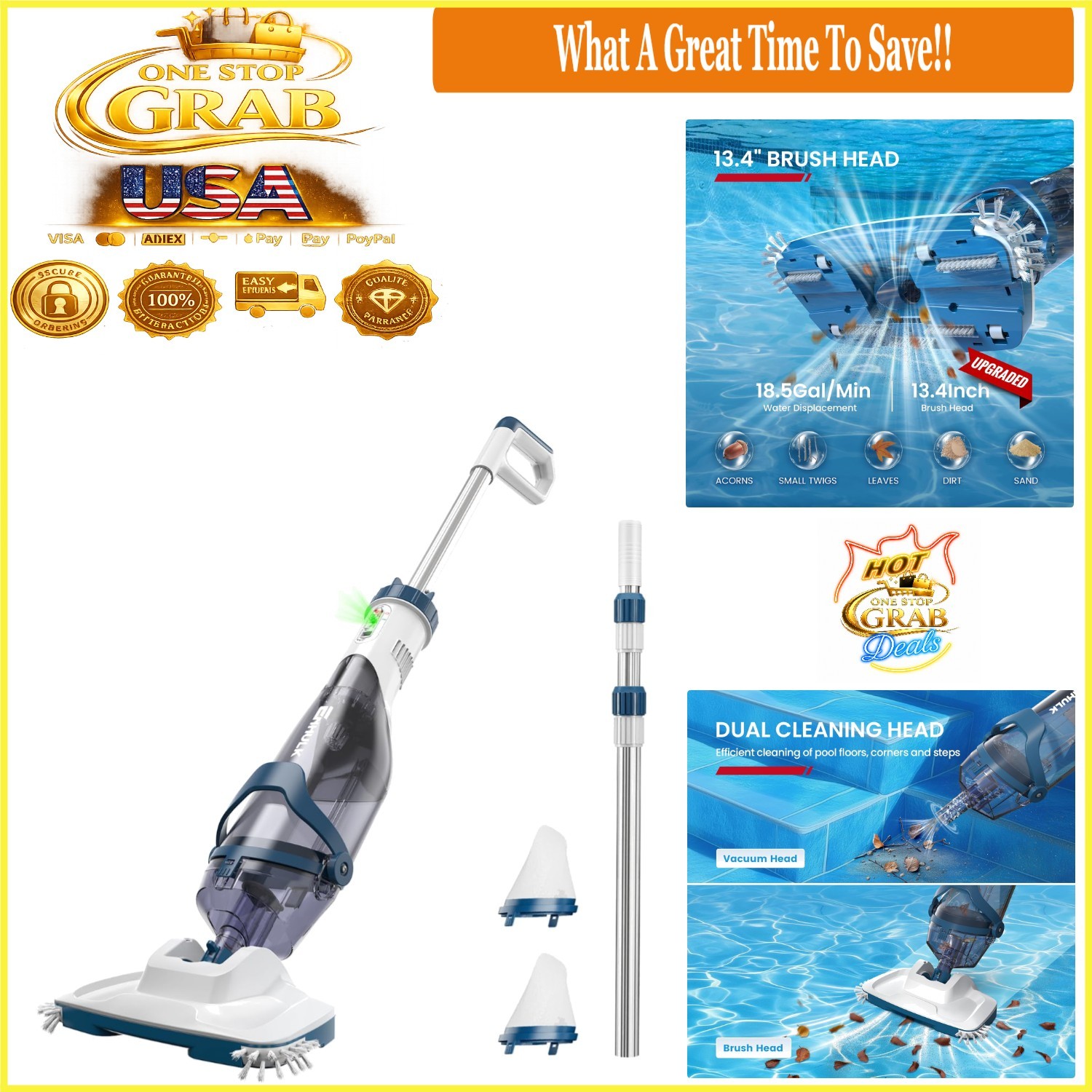 Pro Cordless Pool Vacuum Powerful 18.5 GPM 70 Min Runtime Blue