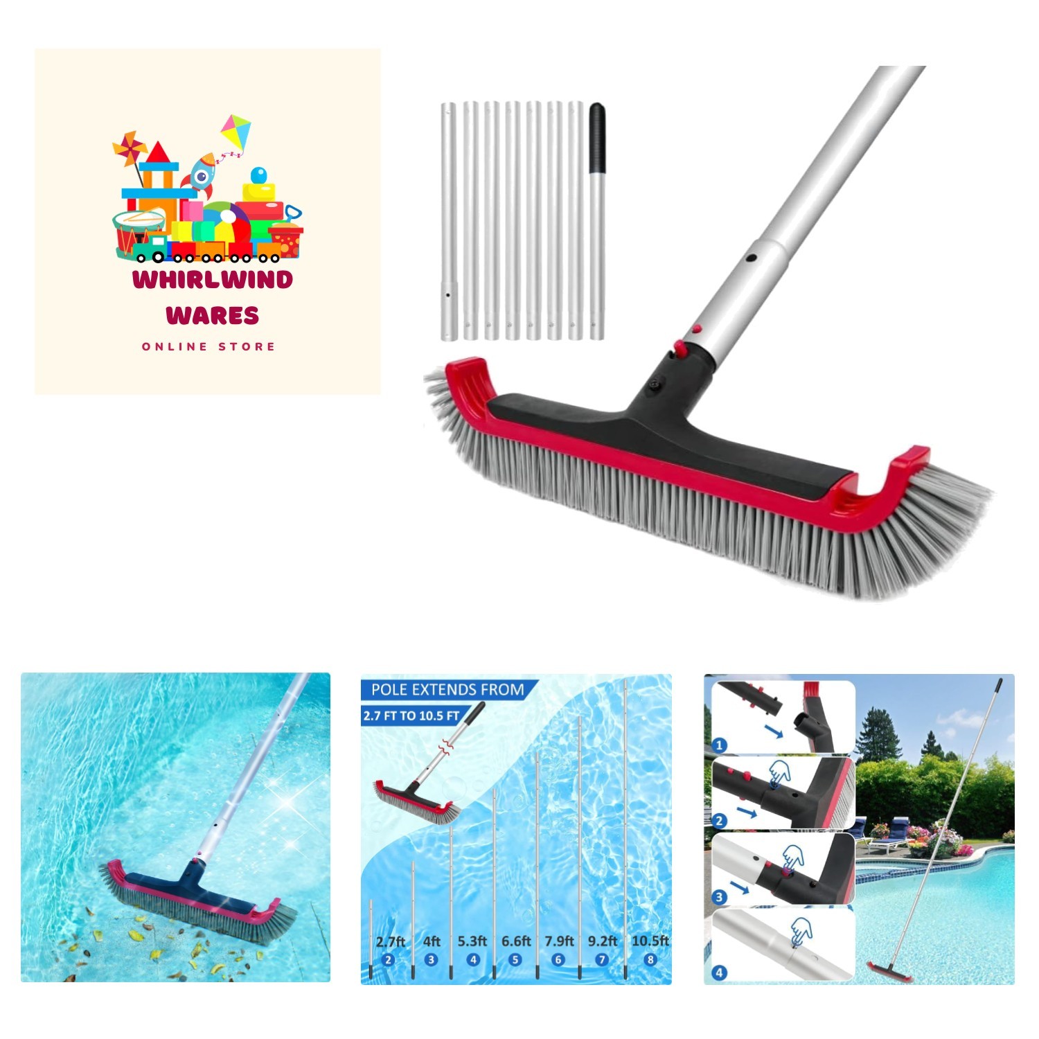 17.5&Prime; Adjustable Pool Cleaning Brush with 10FT Aluminum Pole for Safe & Easy Use