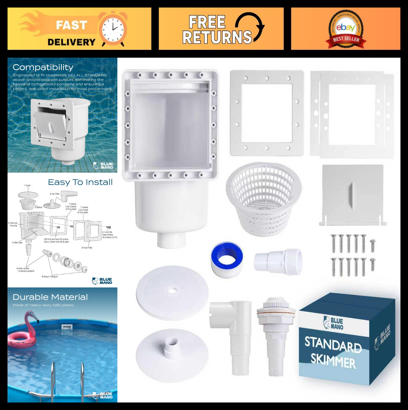 Above Ground Pool Skimmer Complete Kit – Fits 6&Prime; Openings, Replacement for SP109