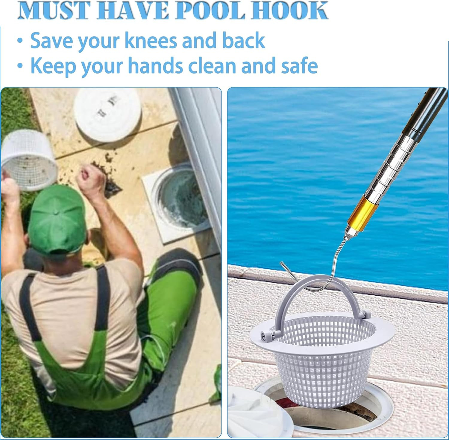 Extendable Pool Skimmer Basket Hook Pole 63 Inch – Stainless Steel