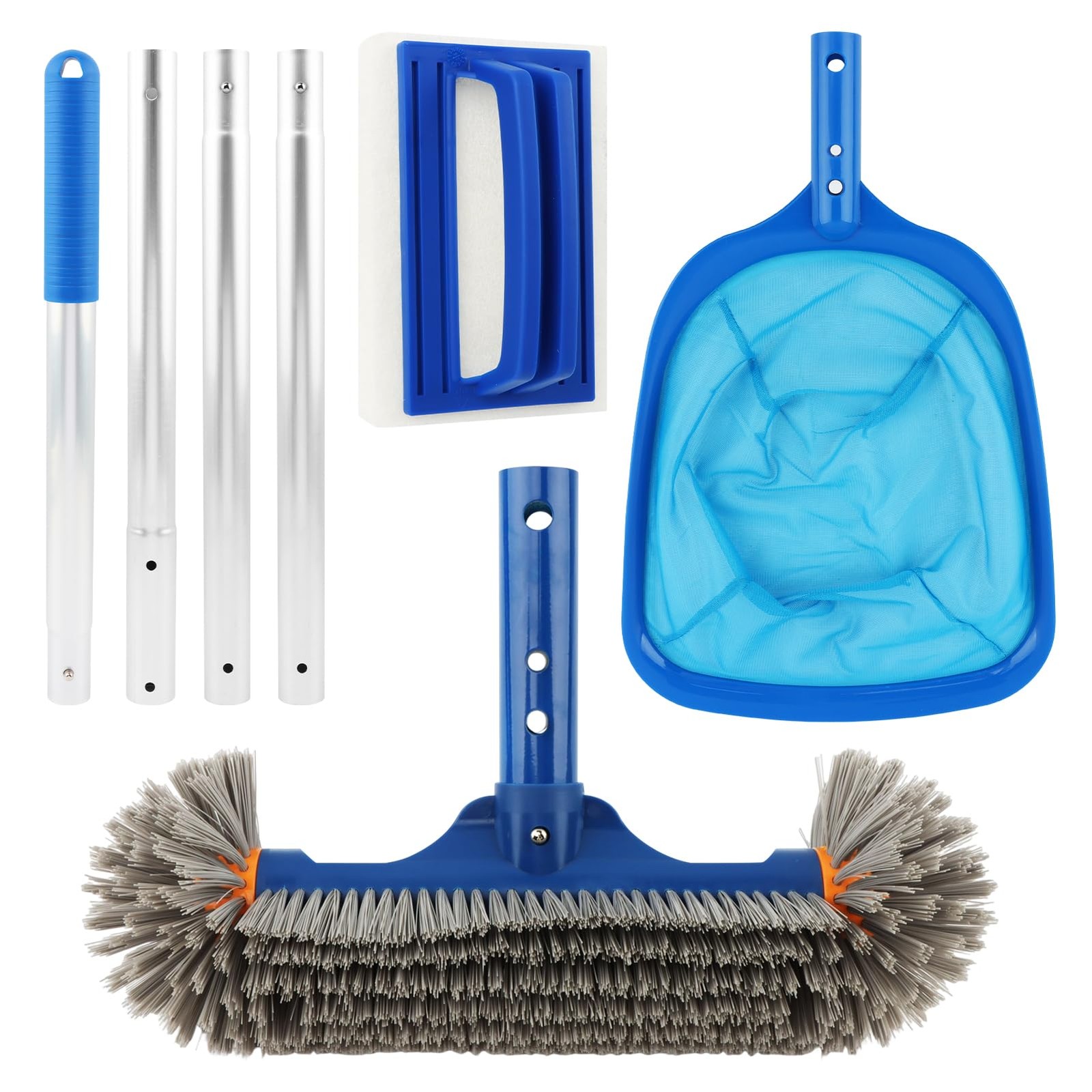 Swimming Pool Cleaning Kit Adjustable Pole, Skimmer Net, Sponge Scrubber