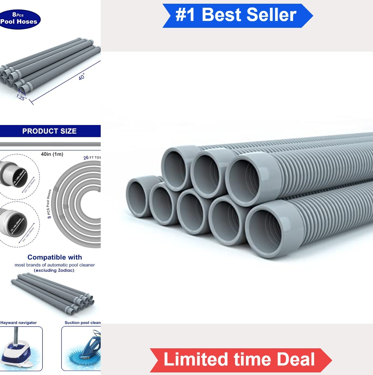 Pool Vacuum Hose 1.5 Inch 8 Piece 26 Feet Gray Flexible Spiral Wound Replacement