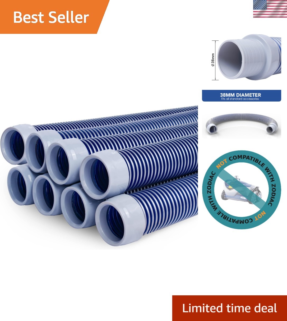 Durable 8-Piece Vacuum Hose Set – 1.5&Prime; Diameter, Ideal for Easy Pool Maintenance