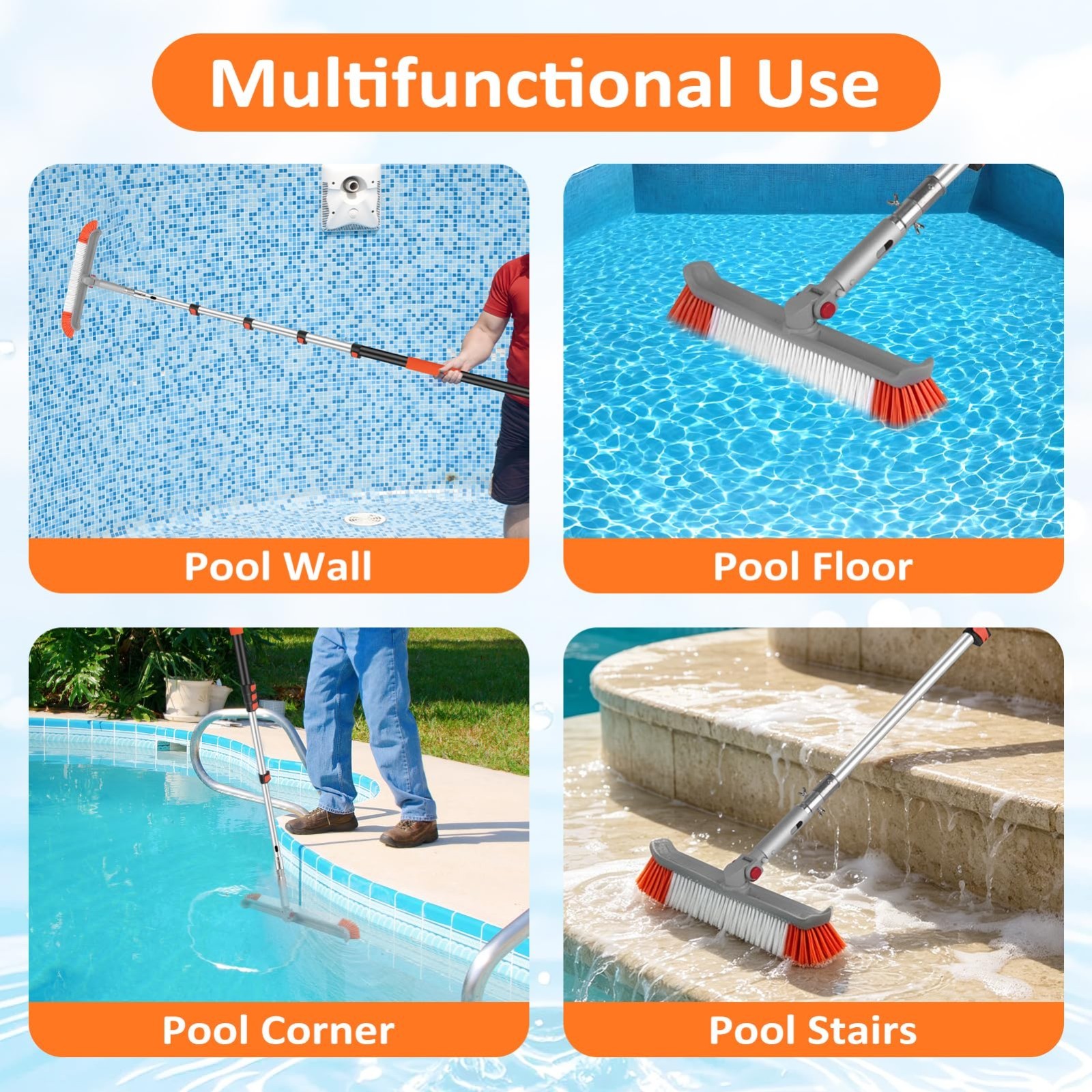 16FT Telescopic Pool Brush & Pole – Heavy Duty 19&Prime; Scrubber for Walls & Floors