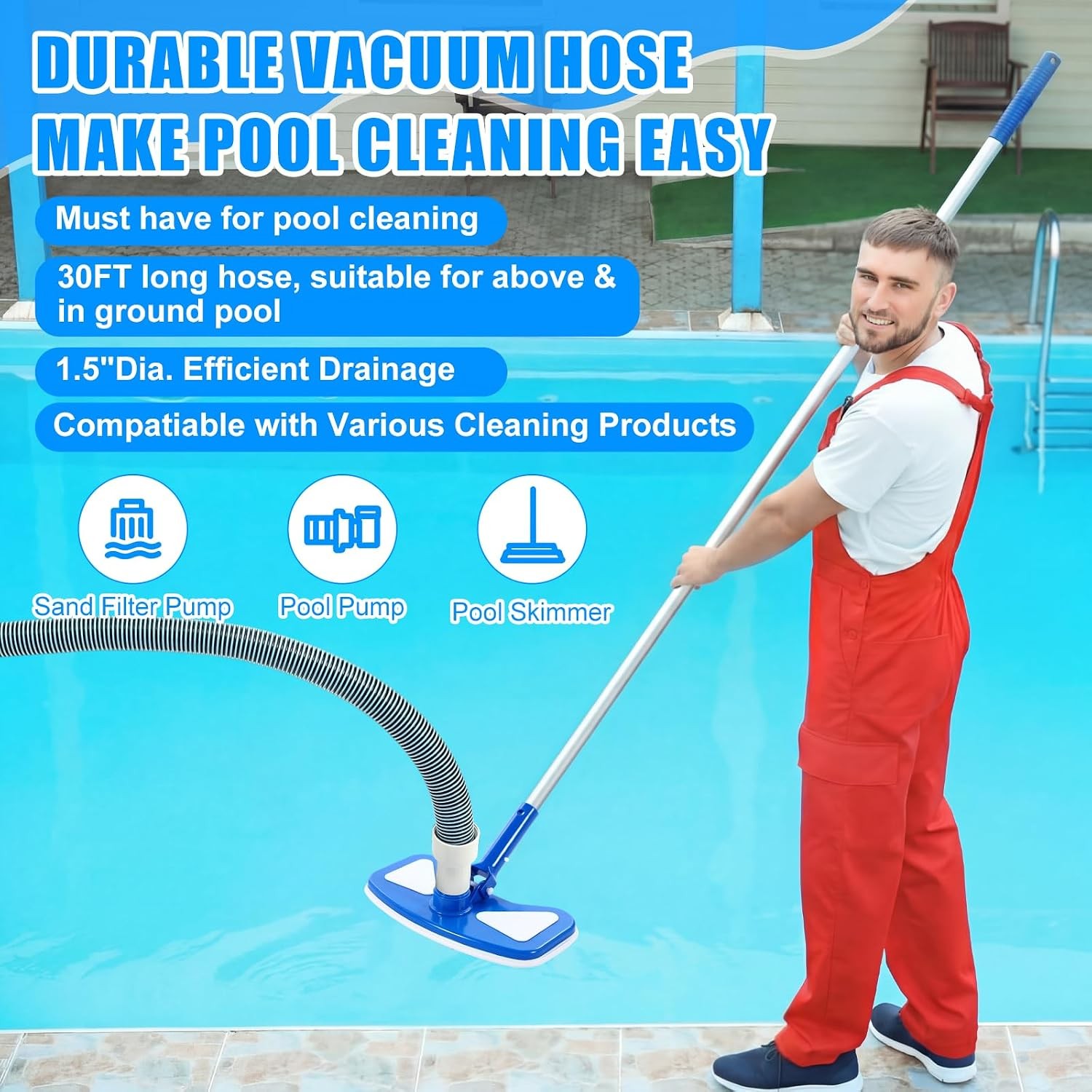4 Pcs Swimming Pool Vacuum Kits 11.8&Prime; Vacuum Head with 1-1/2&Prime; X 29.5 Ft Hoses, 1