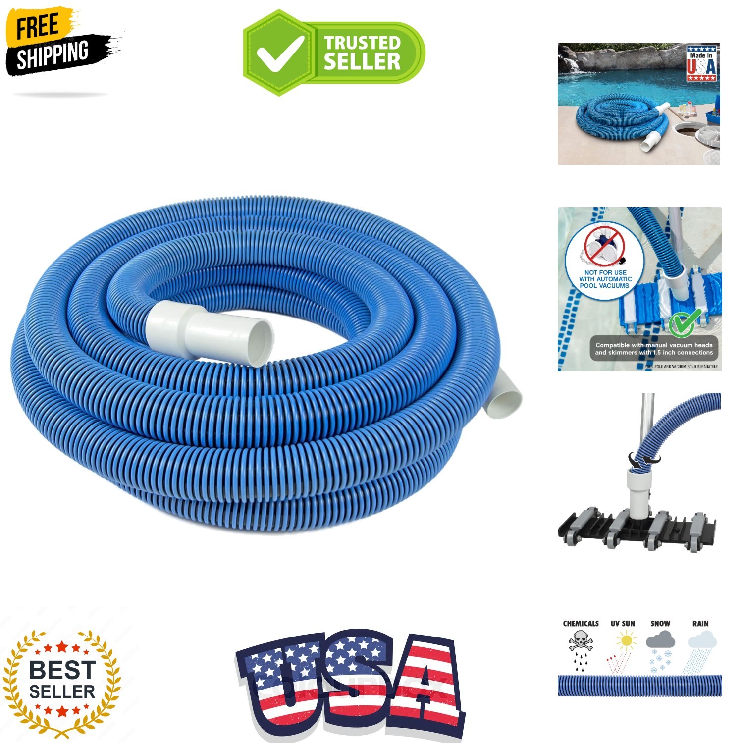 Manual Pool Vacuum Hose, 30 Ft x 1-1/2” for Inground & Above Ground Pools, No…