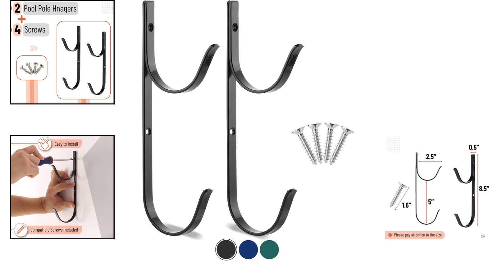 Sleek 2-Pack Pool Equipment Hooks – U-Shape Design for Wall/Fence Mounting