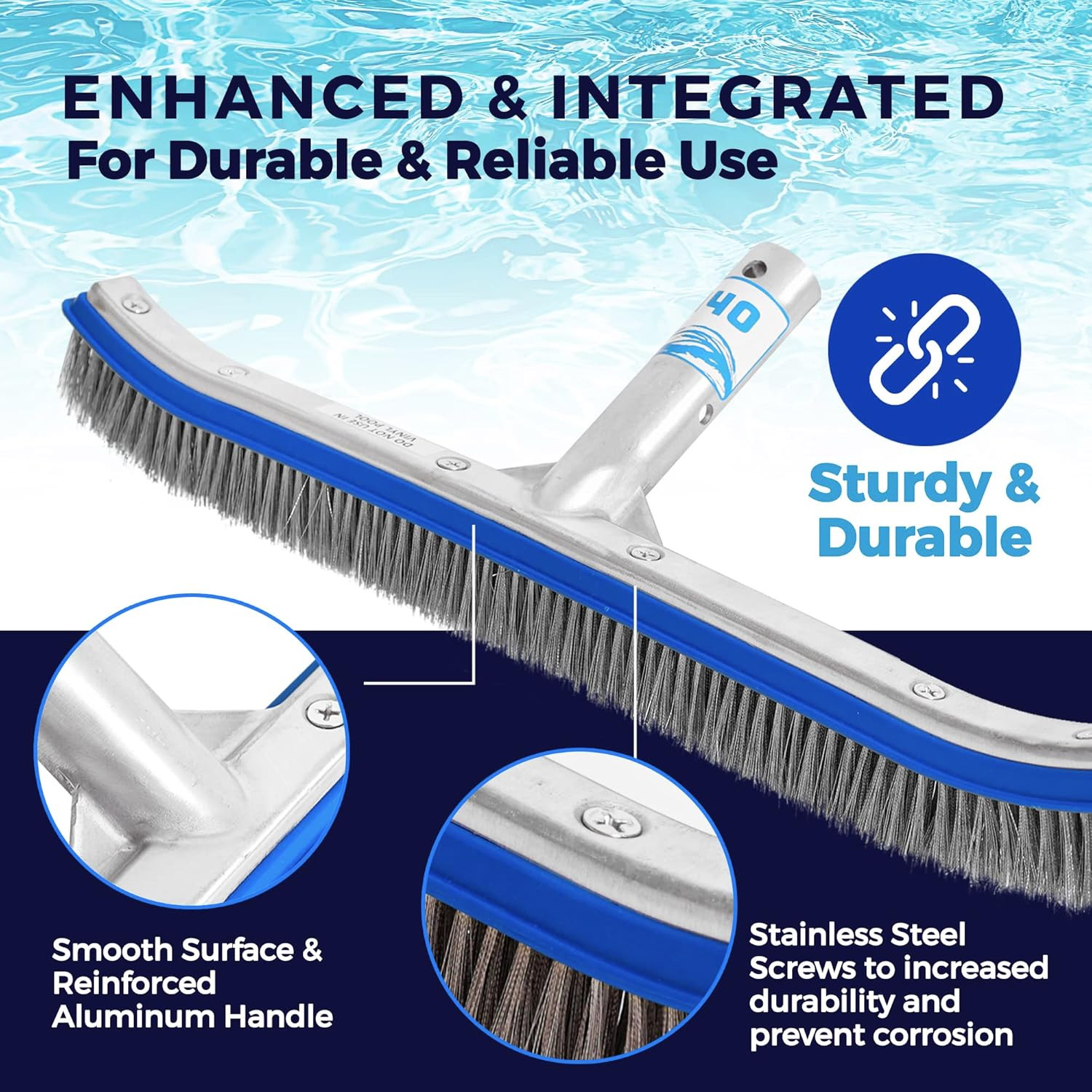 Heavy Duty Pool Brush – 18-Inch Extra-Wide Metal Brush Head with Stainless Steel