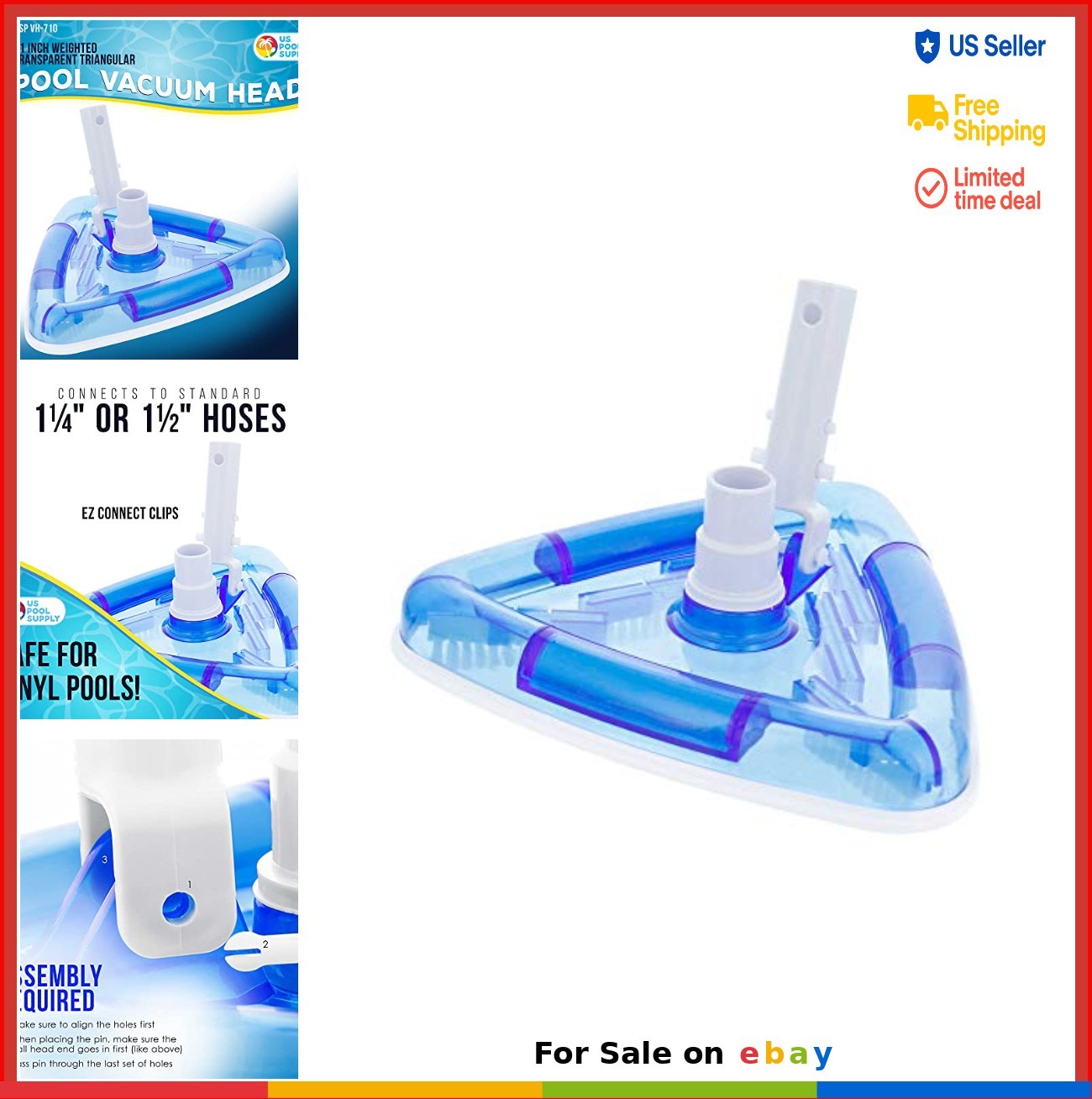 Pool Vacuum Head Triangular Weighted Transparent Swivel Hose 1.25 1.5 Inch Vinyl