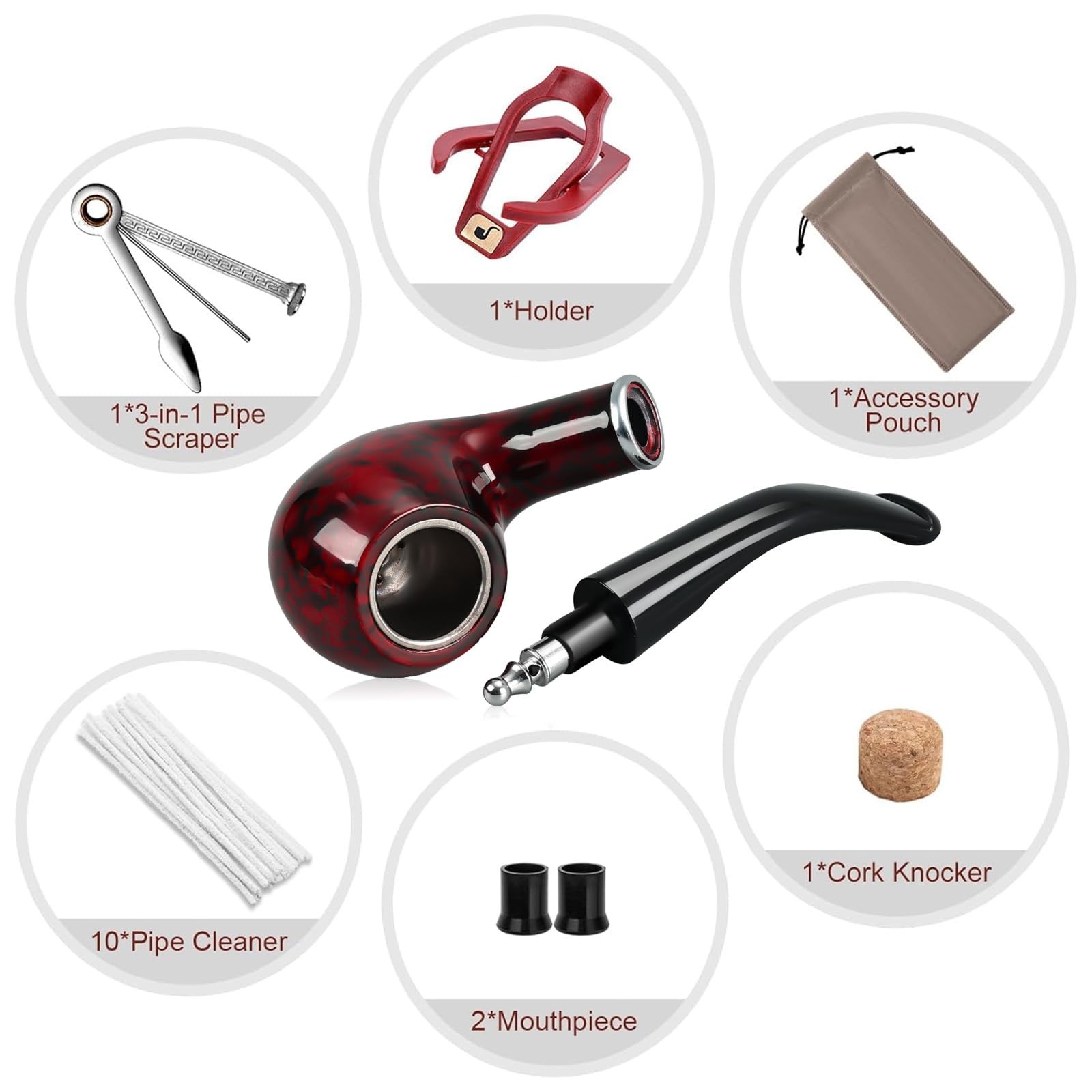 Joyoldelf Tobacco Pipe, Classic Smoking Pipe with Foldable 9 Piece Set, red
