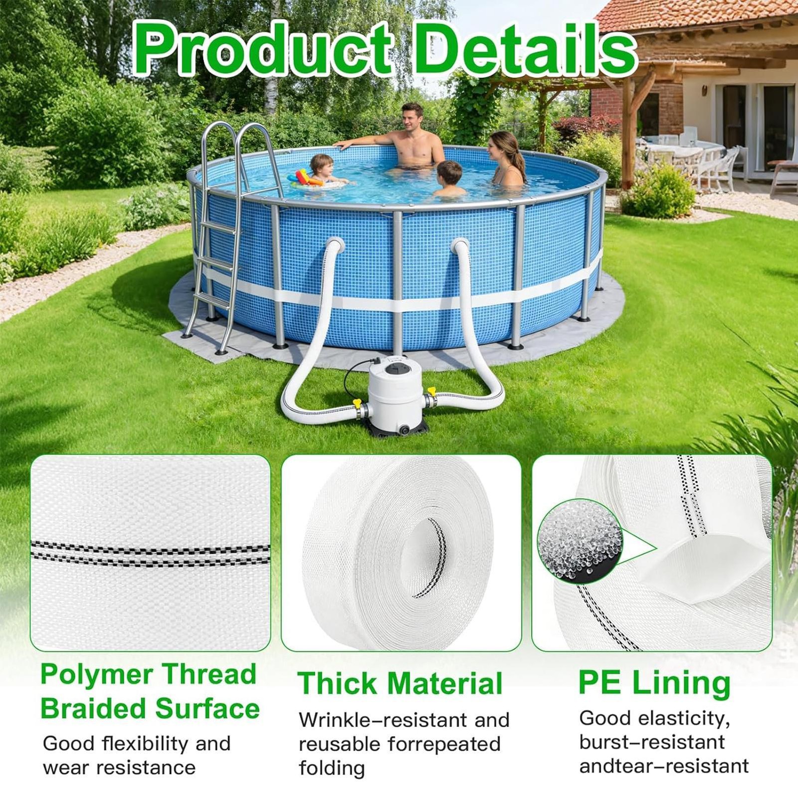 6.5cm x 50m Heavy Duty Pool Filter Backwash & Draining Hose with 2 Clamps