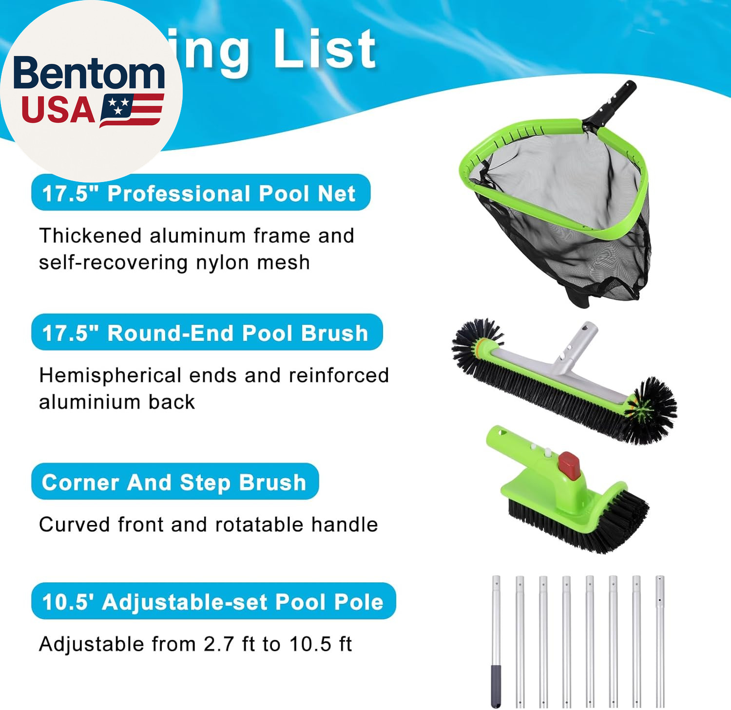 Pool Cleaning Kit: Net, Brush, Scrubber & Adjustable Pole By