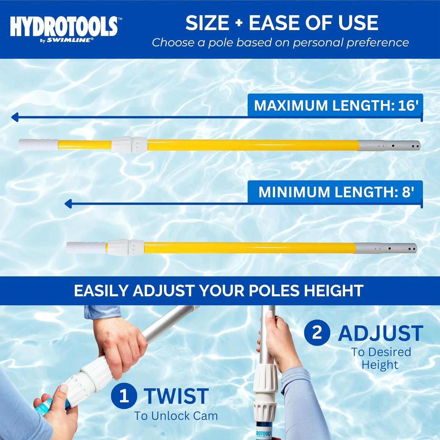 HydroTools Fiberglass Telescopic Pool Pole 8-16ft Adjustable for Skimming & C…