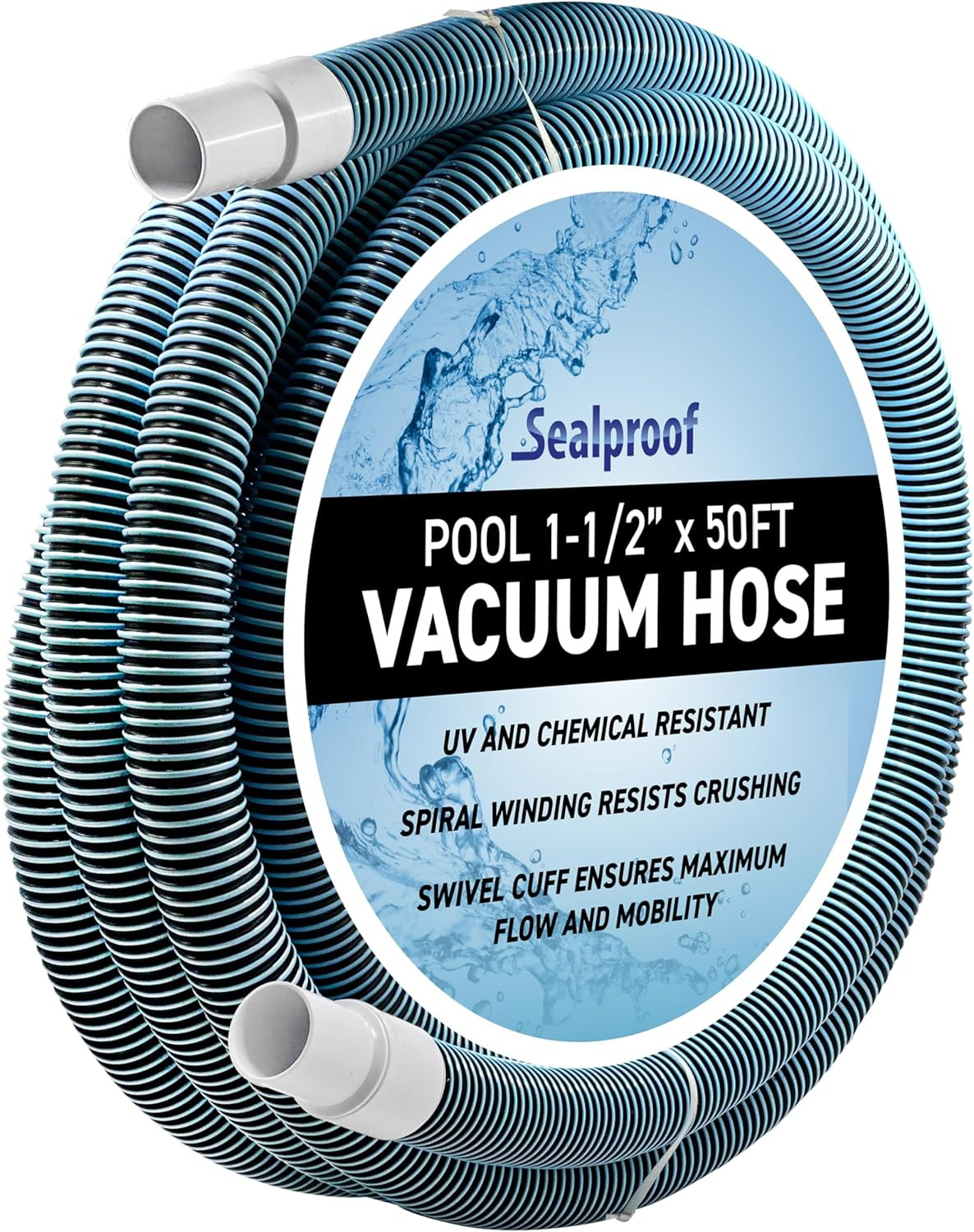 Swimming Pool Vacuum Hose 1-1/2&Prime; X 50-Ft, Swivel Cuff Kinkproof Design, Made in