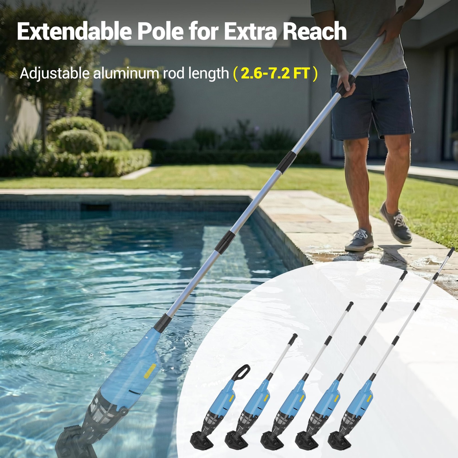 Hushlight Handheld Pool Vacuum For Above Ground Pool 4-Section Detachable Pole