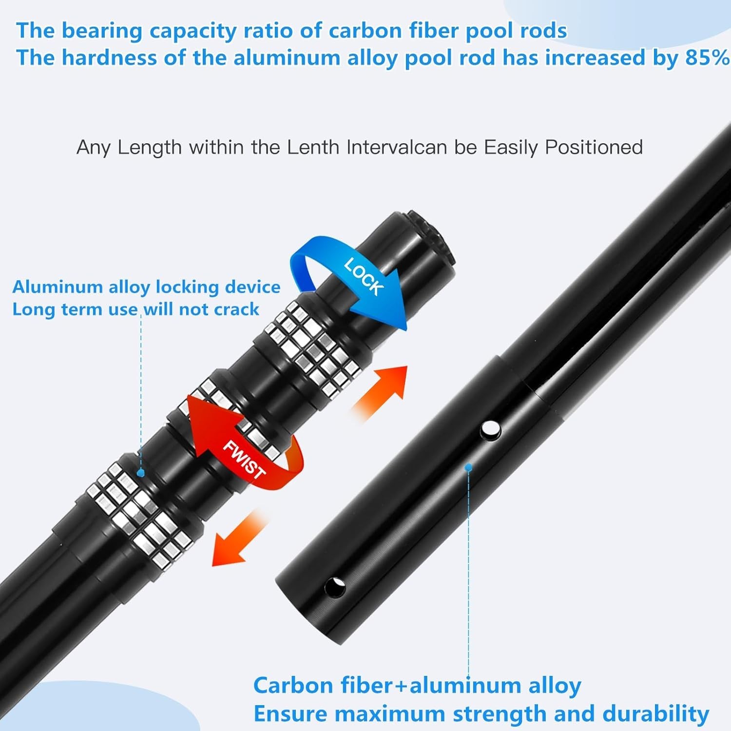 15ft Carbon Fiber Telescopic Pool Cleaning Pole for Skimmers & Brushes