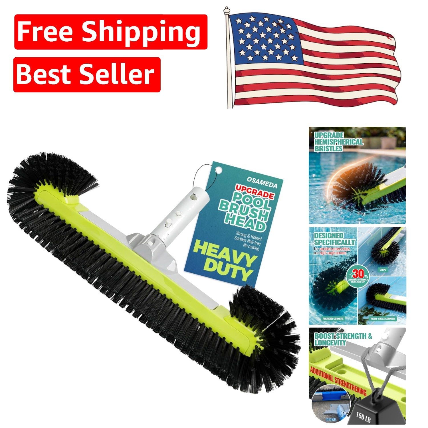 Ergonomic Pool Scrub Brush for Tile and Vinyl with 1.25” Pole Compatibility