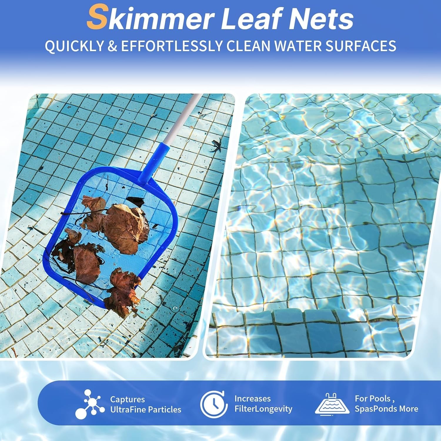 Tavaleu Pool Skimmer, Hot Tub Skimmer With Pole, Light Blue-Shallow