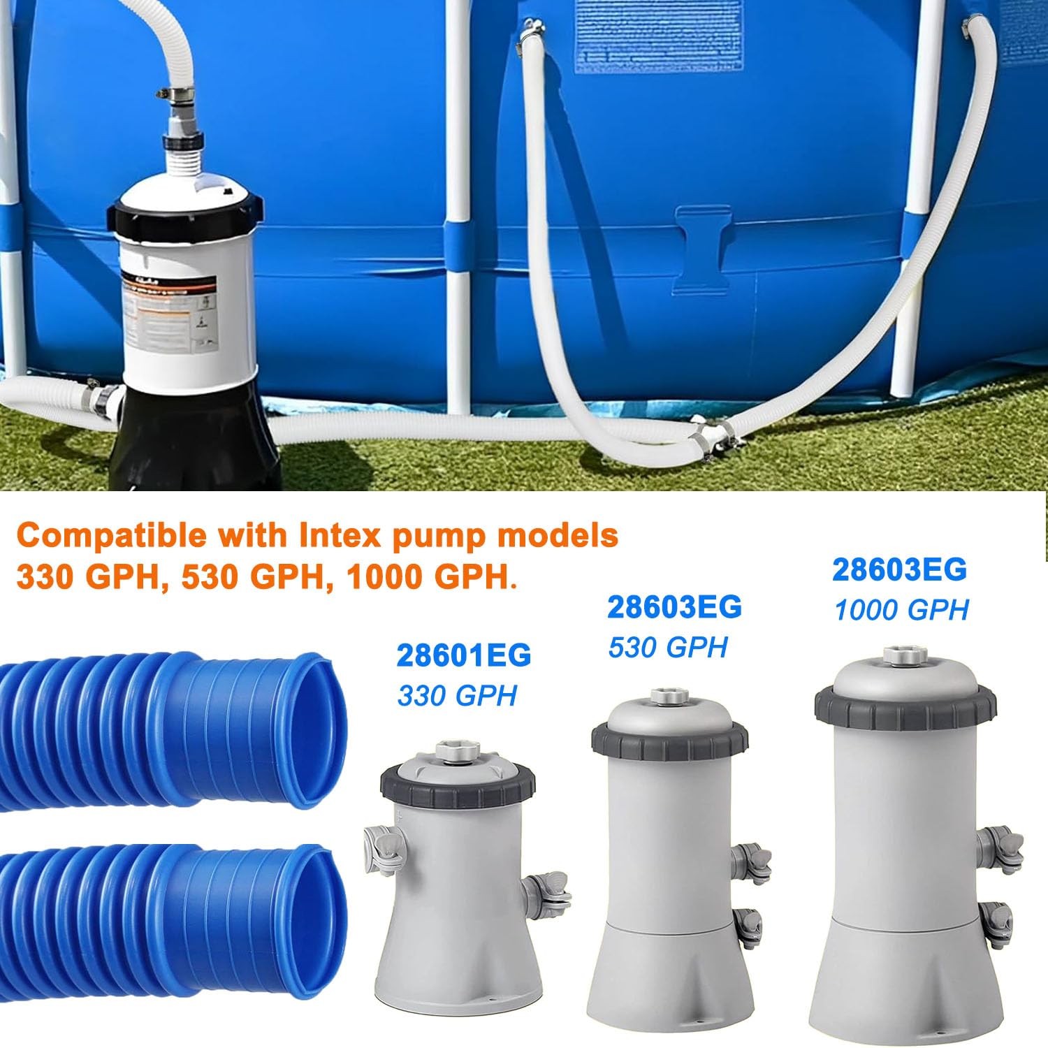 Qloby 2 Pack 1.25&Prime; x 59&Prime; Pool Hoses for Above Ground Pools, x 59&Prime;, Blue