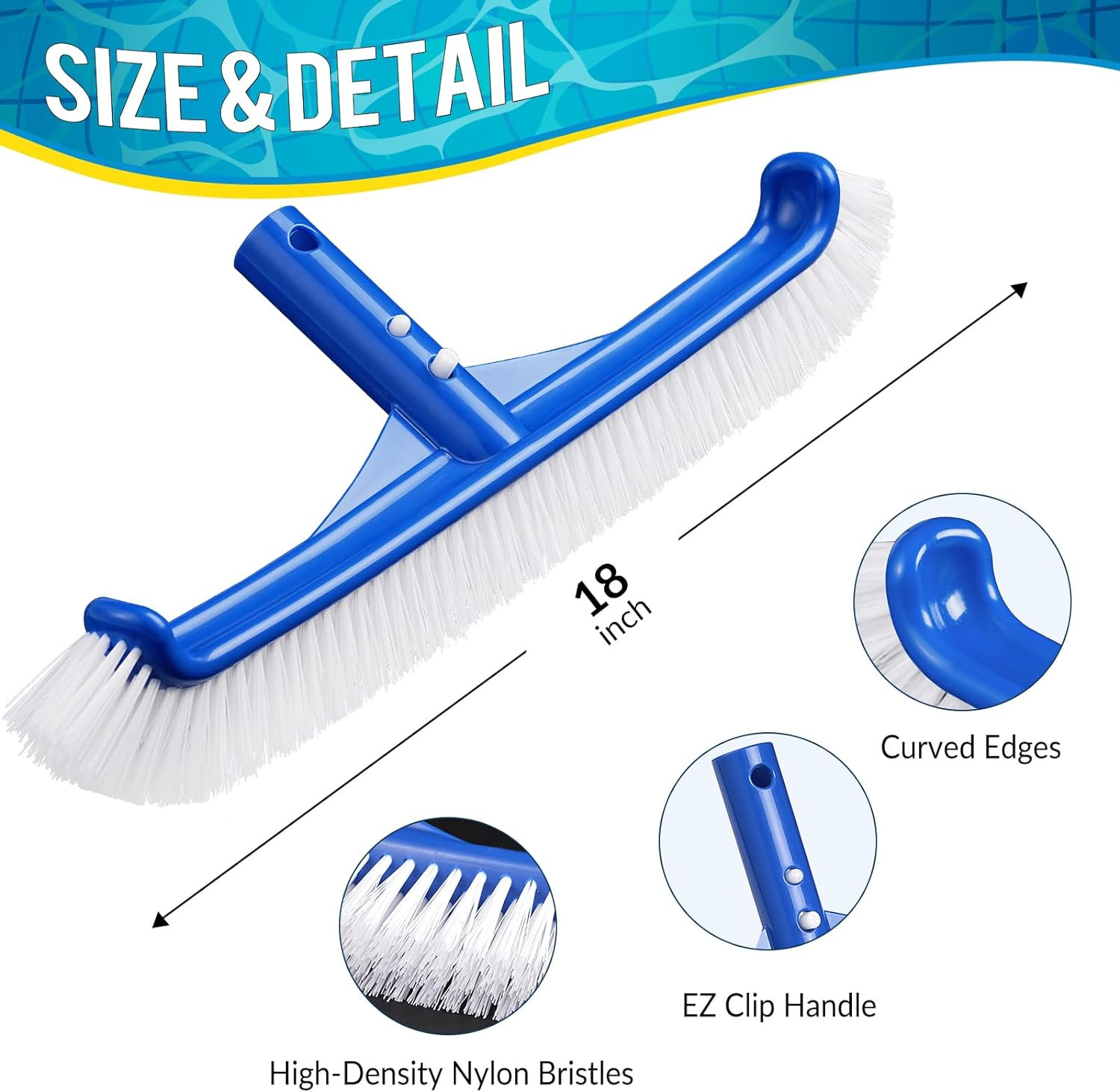 18&Prime; Pool Brush Head Strong Bristle & EZ Clip Curved Ends Tiles & Floors Cleaning