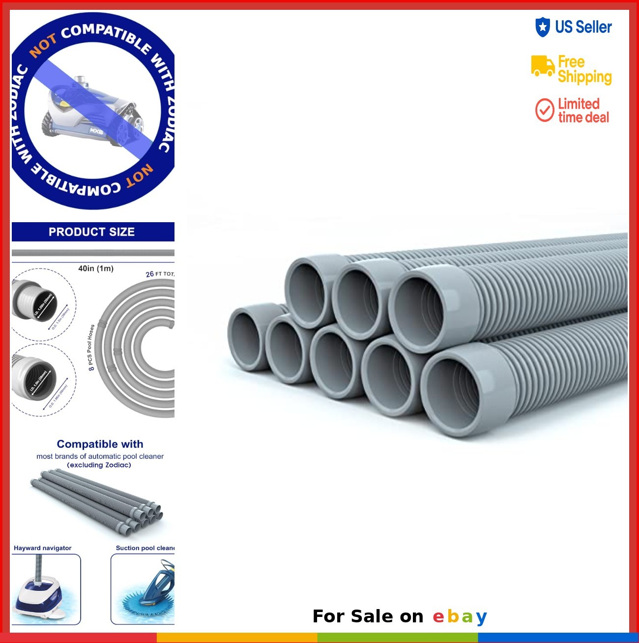 Pool Vacuum Hose 1.5 Inch 8 Sections 26 Feet Extension Replacement Flexible Gray