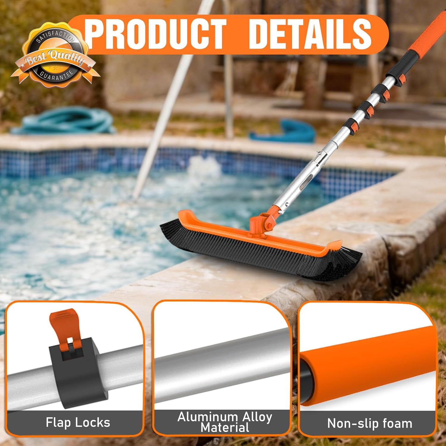 16FT Telescopic Pool Pole Brush 18 Inch Scrubber Wall Tile Floor Clean