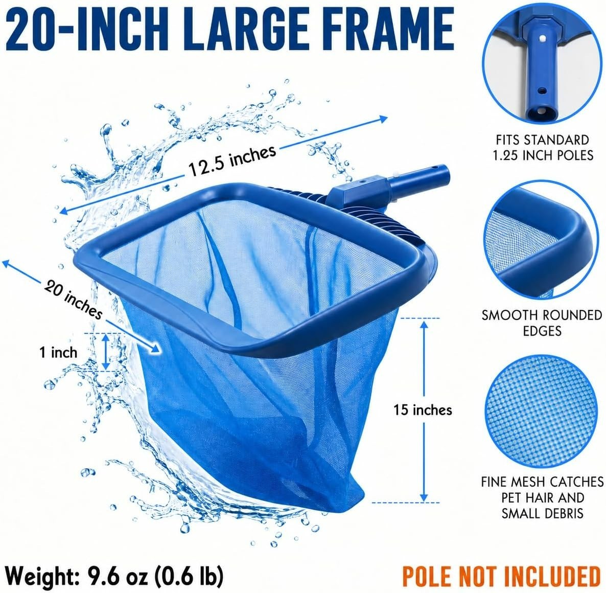 20&Prime; Pool Skimmer Net – Heavy-Capacity Deep Bag Leaf Rake for Inground & Above